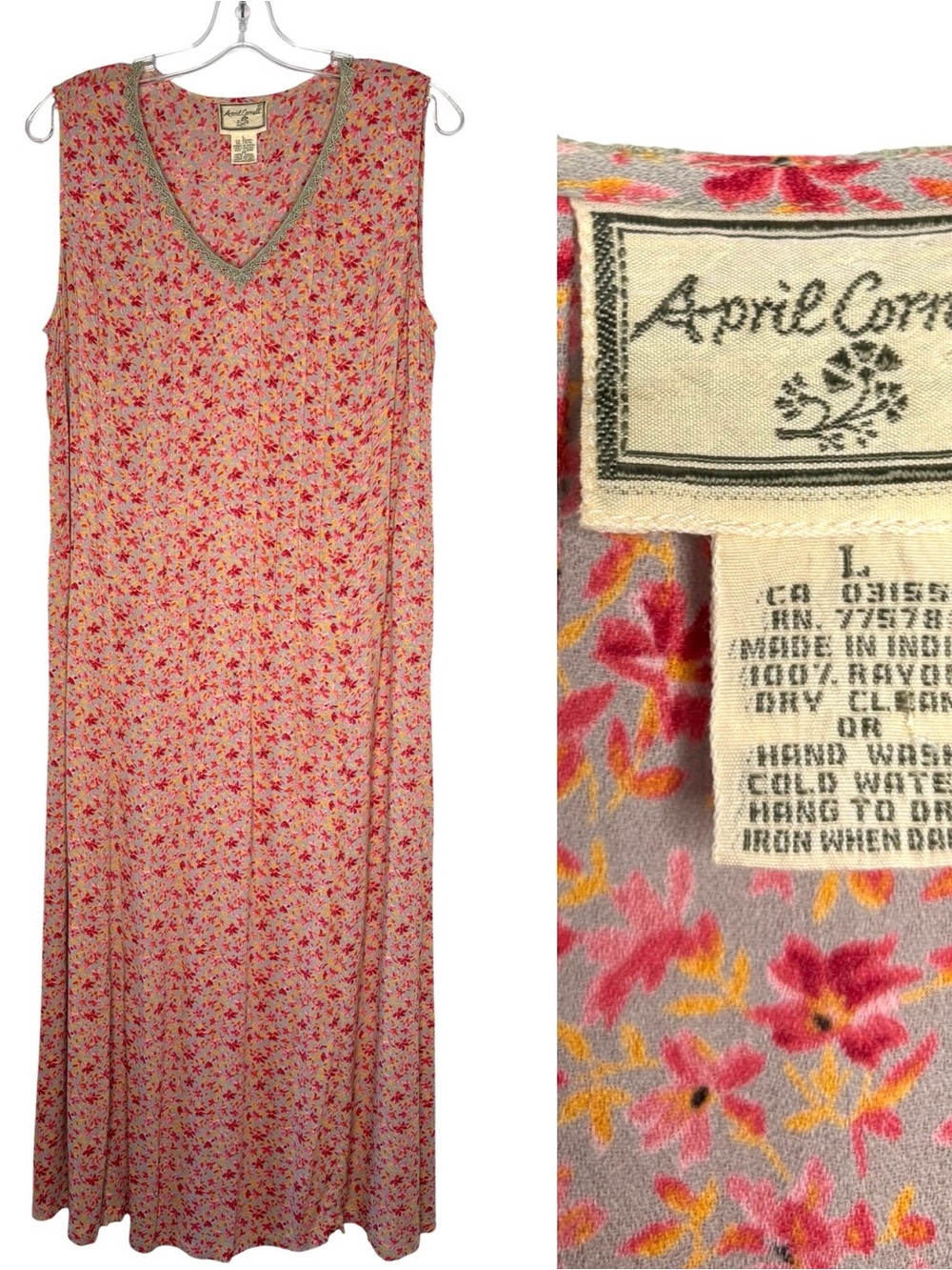 April Cornell Coral Pink Floral V-Neck Maxi dress with Lace Trim at neck Large